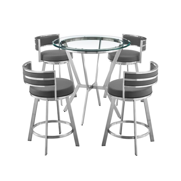 Armen Living Naomi and Roman 5-Piece Counter Height Dining Set in Brushed Stainless Steel and Gray Faux Leather SETNMRMGRBS5 - main
